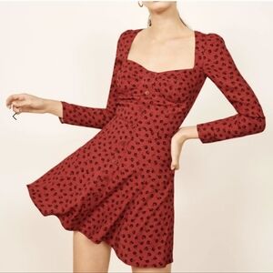 REFORMATION Red Black MILLA Button Front Sweetheart Long Sleeve Mini Dress